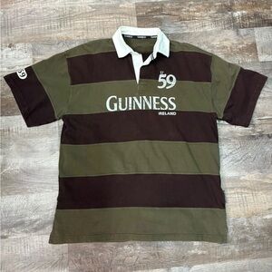Guinness Olive Green & Brown Striped Rugby Polo with White Collar